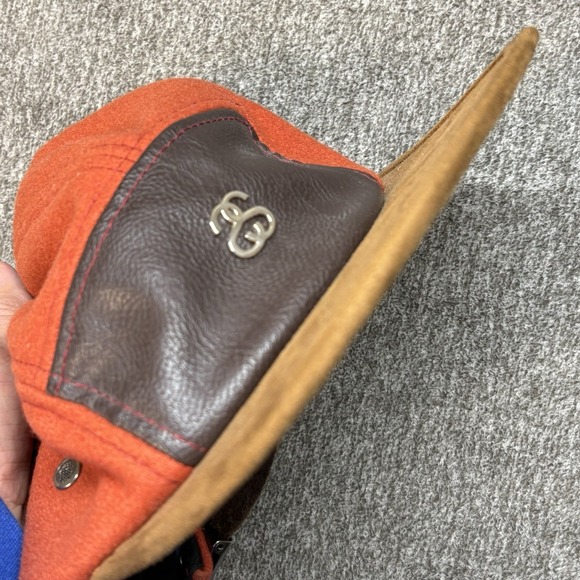 Vintageb Stussy 5 Panel Hat Orange Wool Leather Logo Hiking Strapback Adjustable - Picture 10 of 10
